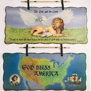 2 Hand made TERRA SANCTA SCROLLS Lion Lamb God Bless America Safety 901 926 Sea